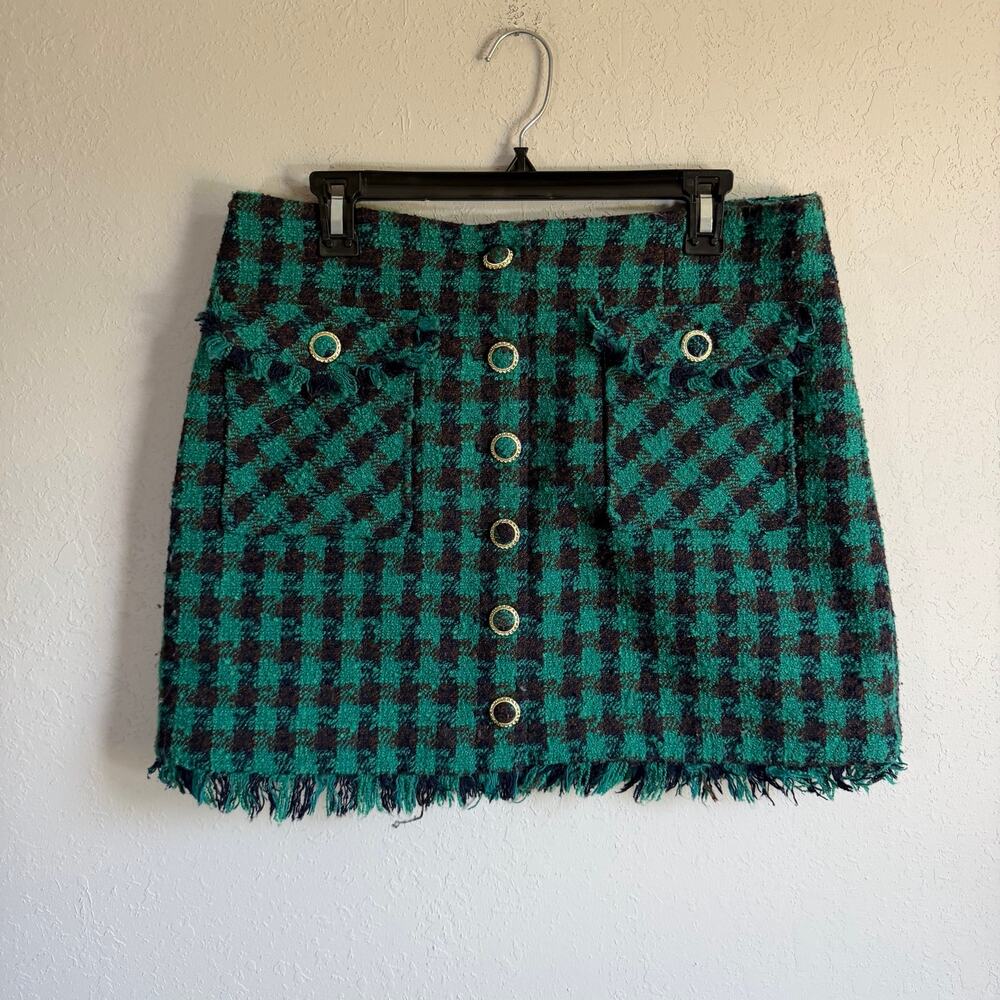 Avec Les Filles Teal Green Black Wool Blend Tweed Fringe Mini Skirt Womens L